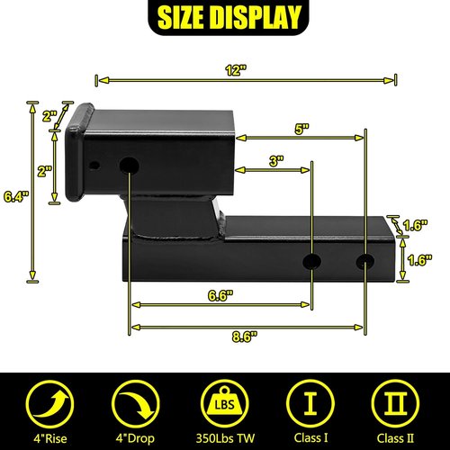 KAIRAY Trailer Hitch Riser Extender - 4" Drop/Riser, 8" & 10" Extension, 2" Shank, 7500lbs Capacity, Matte Black