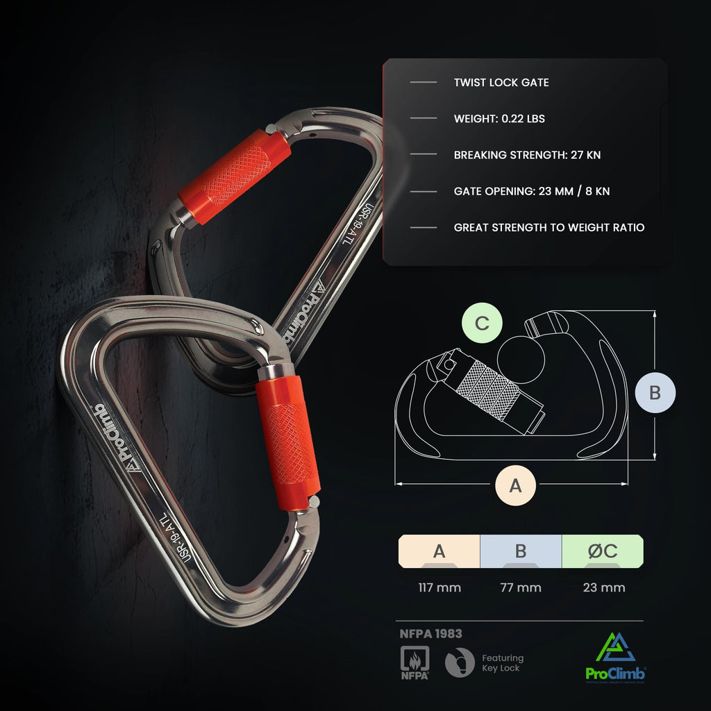 ProClimb I-Beamer Mod D Twist Lock Carabiner | NFPA Certified | 27kN MBS | 18mm Gate | 4.1oz | Hot Forged Aluminum Alloy | I-Beam Design for Climbing,Rescue,Rigging & Rappelling
