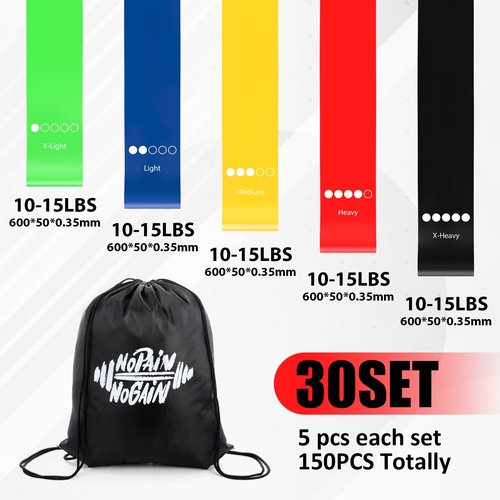 Motionchic 30 Set Include 150 Pcs Resistance Bands Bulk with 30 Pcs Drawstring Backpack - Loop Exercise Bands for Gift Gym Members Sports Class Students Christmas 5 Pieces Each Set with Storage Bag