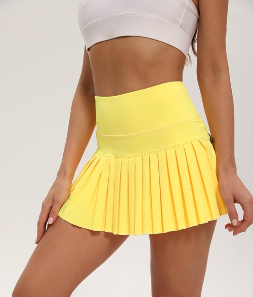 Yknktstc Women Pleated Tennis Skirt with Shorts High Waist Golf Skort Athletic Mini Skirt with Pockets Small Bright Yellow