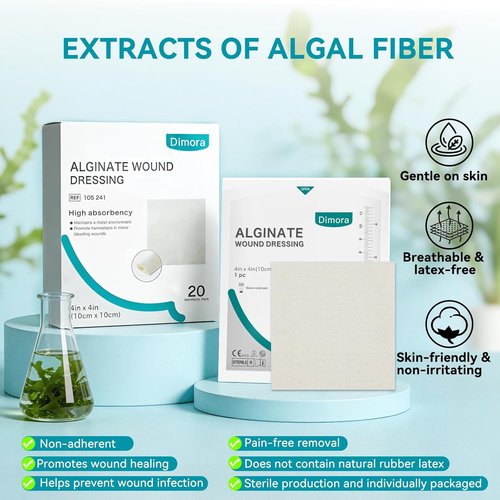 Dimora Calcium Alginate Wound Dressing - Soft, Highly Absorbent 4'' x 4'' Sterile Bandages | 20 Count