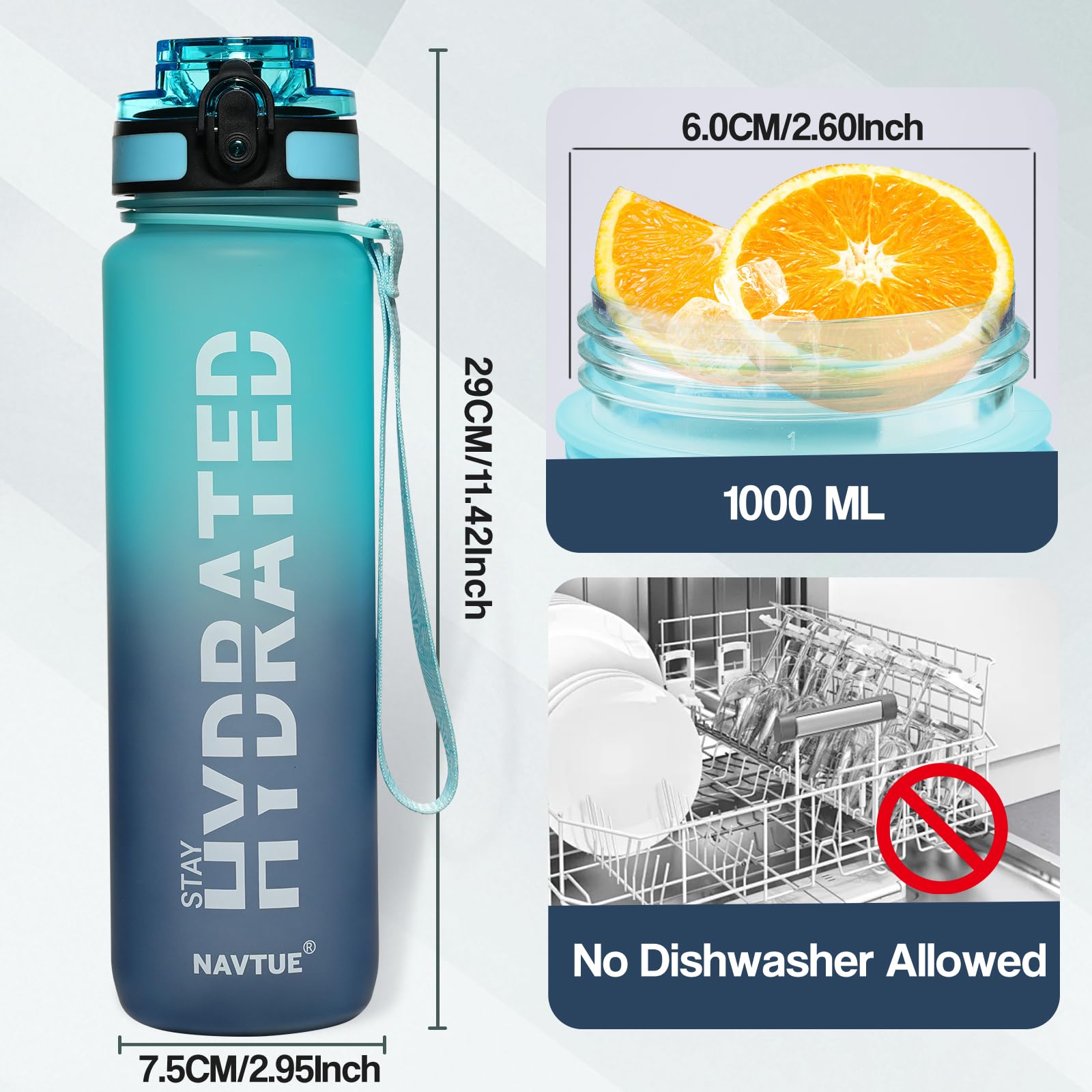 NAVTUE Water Bottle, 32oz Sports Water Bottles with Time Marker Wide Mouth, Motivational and Leakproof Drink Bottle, BPA Free Tritan with Carry Strap for Gym Fitness Outdoor(Direct Drink)