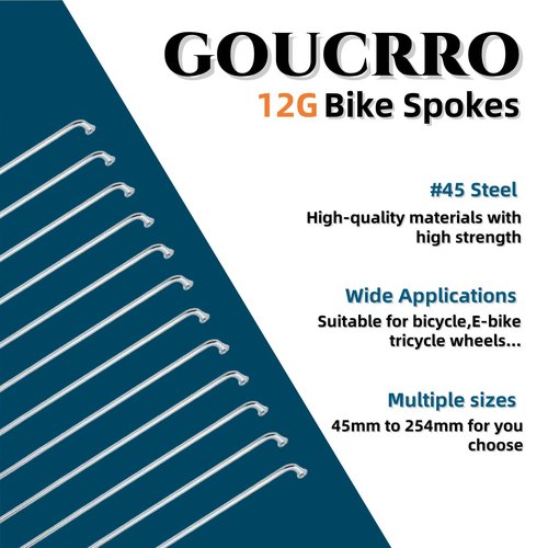 goucrro Bike Spokes Electric Bicycle E-Bike Tricycle Wheel Silver Spokes 12G 2.5mm Steel 45mm-254mm with Nipples 38pcs(Silver,12G-162mm)