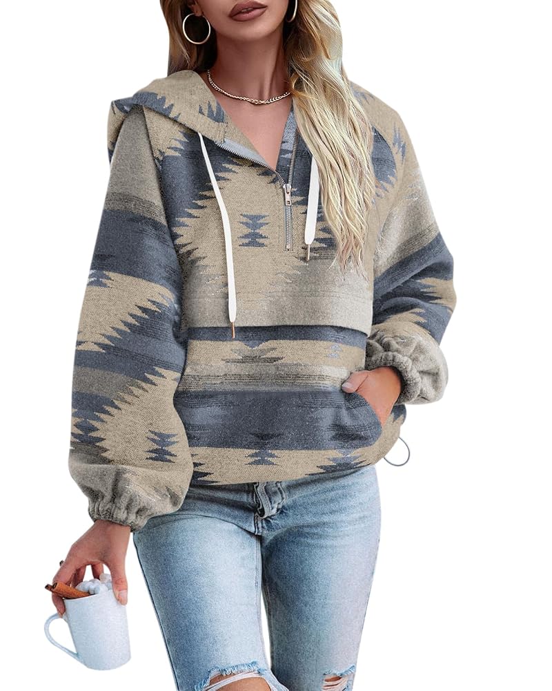 Fessceruna Womens Aztec Zip Up Hoodie - Grey Large, Boho Western Pullover