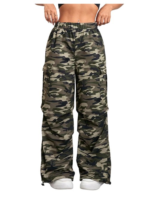 Floerns Girl's Camo Print Straight Leg Y2k Pants Elastic Waist Gym Track Pants Army Green 10Y