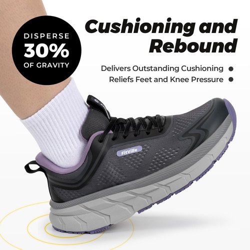 Women's Wide Toe Box Walking Shoes Breathable Sneakers Non-Slip Athletic Tennis Running Shoes for Swollen Feet Heel Pain Relief - FlowCore V6 Grey/Purple