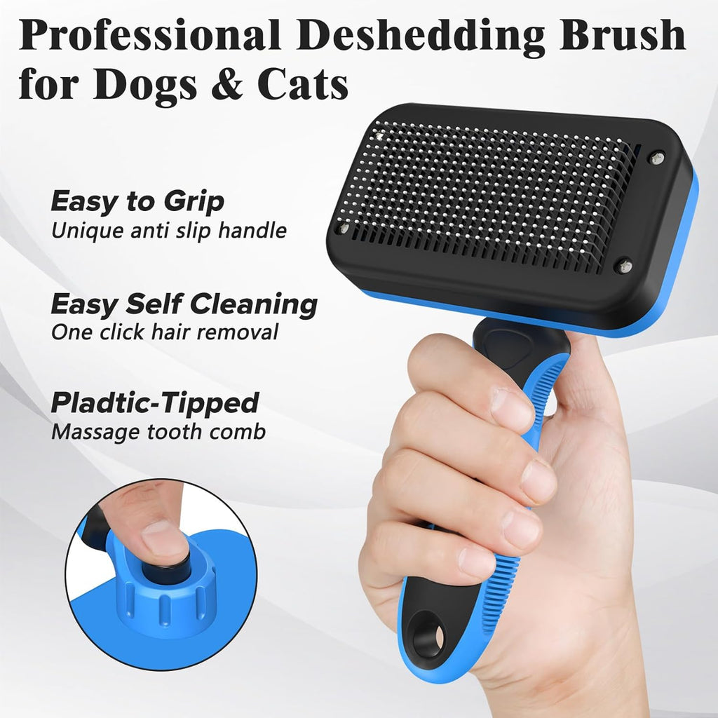 Skiennix Self-Cleaning Slicker Brush & Dog Comb - Gentle Deshedding Tool for Dogs, Cats & Small Pets (Blue)