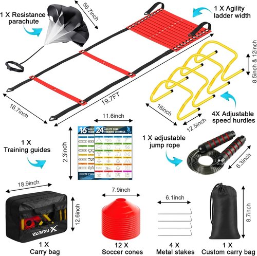 Agility Ladder Speed Training Set - 20ft Ladder, 12 Cones, 4 Hurdles & Jump Rope | Ideal for Soccer, Basketball & Football Training