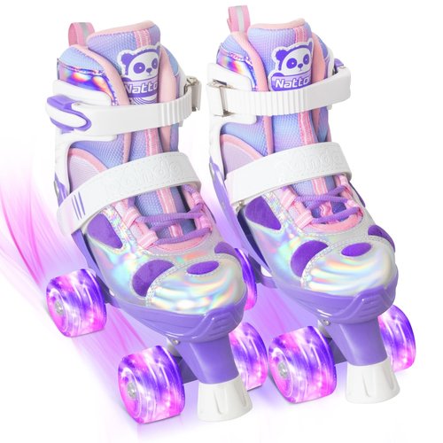Nattork Kids Roller Skates for Girls Boys, 4 Size Adjustable Purple Panda Quad Skates with All Light up Wheels, Beginner Roller Skates - Birthday Gift for Outdoor Indoor
