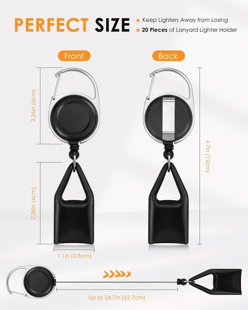 GAUENEEN 20 Pcs Retractable Lighter Clip Holder, Keychain Lighter Leash with Clip (Black)