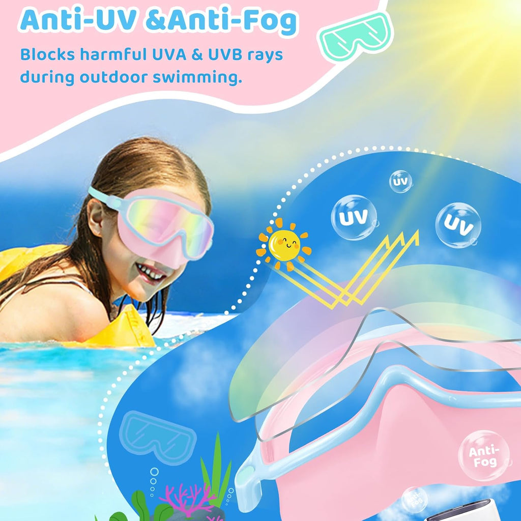 Vvinca Kids Swim Goggles - Anti-Fog UV Protection with Nose Cover | 2 Pack for Ages 3-14