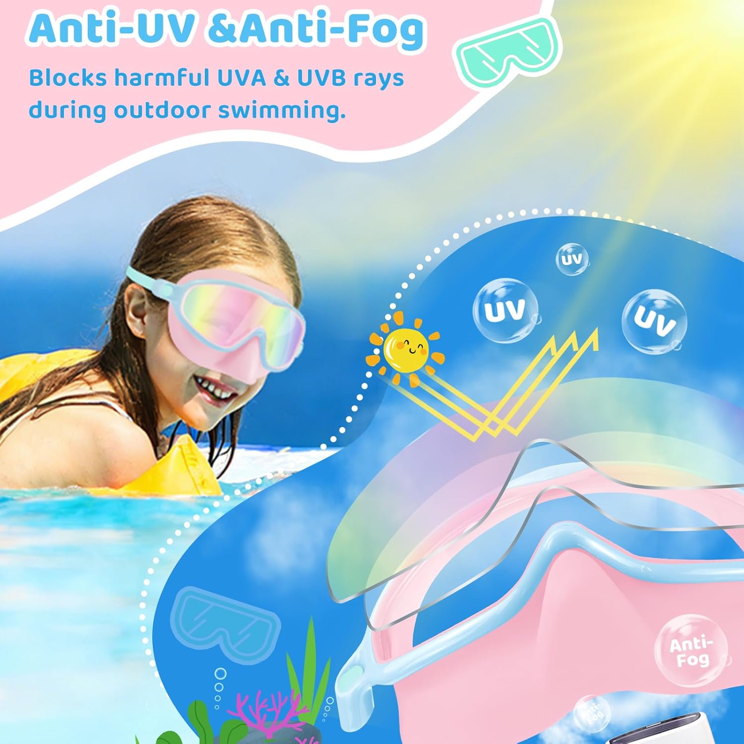 Vvinca Kids Swim Goggles - Anti-Fog UV Protection with Nose Cover | 2 Pack for Ages 3-14