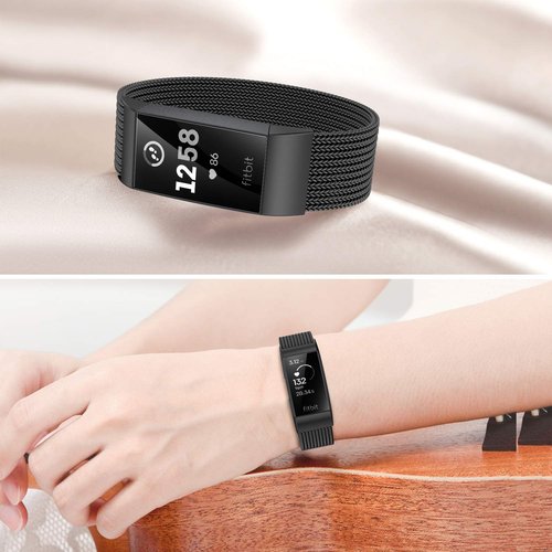 Meikeio Stainless Steel Metal Bands for Fitbit Charge 4/Charge 3/Charge 3 SE, Replacement Strap Wrist Band Compatible with Charge 3/4/3 SE for Women Men(Small, Black)