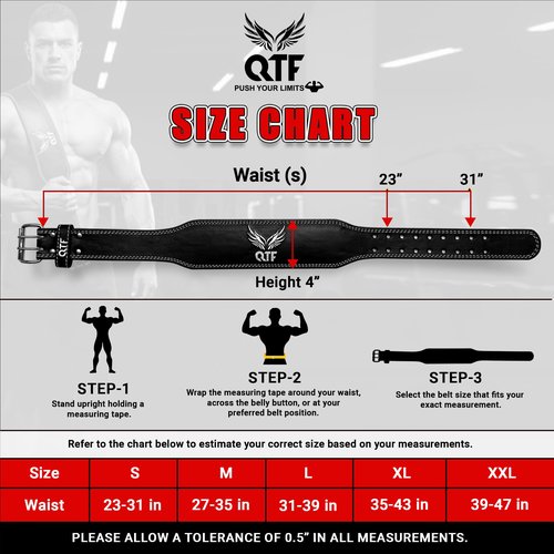 QTF Weight Lifting Belt Gym Exercise Workout, 6 inch Leather Padded Lumbar Back Support Men Women, 9 double Adjustable Holes, Powerlifting Bodybuilding Deadlift, Squat Fitness Strength Training Belt (Power-Belt, X-Large)