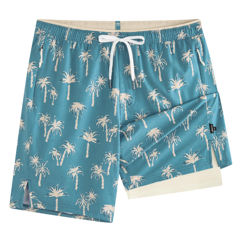 maamgic Mens Swim Trunks 9" with Zipper Pockets, Quick Dry Board Shorts, 4-Way Stretch Compression Lined Bathing Suits, Effortless Flex for Beach, Vacation, Cruise Coconut Tree Gradient Blue Large