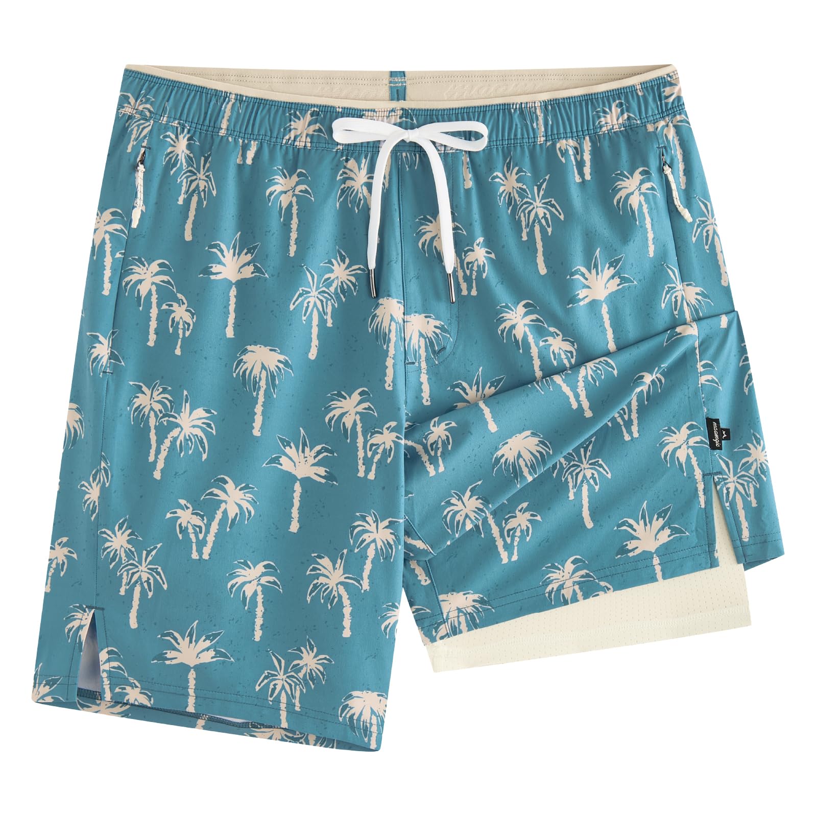 maamgic Mens Swim Trunks 9" with Zipper Pockets, Quick Dry Board Shorts, 4-Way Stretch Compression Lined Bathing Suits, Effortless Flex for Beach, Vacation, Cruise Coconut Tree Gradient Blue Large