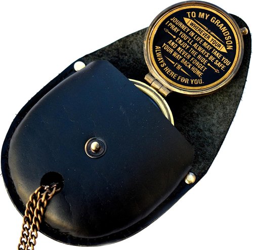 Gift for Grandson Brass Compass Engraved Quote | Memory Present to My Grandson Birthday, Baptism, Graduation, Confirmation, Love, Gift idea by Grandpa Grandma (Grandson - Always Here for You)