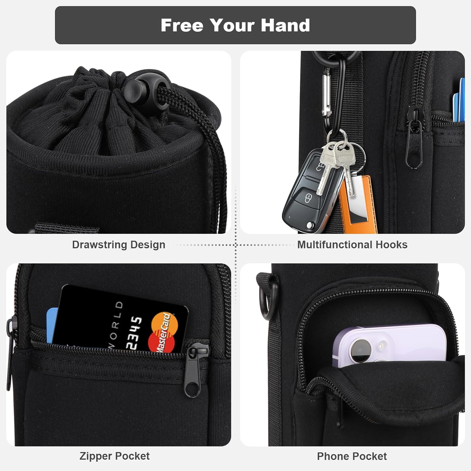 Skiennix Water Bottle Holder - Insulated Neoprene Carrier Bag with Phone Pocket | Fits 32/40 oz Bottles