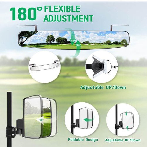 No Drilling Golf Cart Mirrors with Built-In Reflector, Golf Cart Side Mirrors and Rear View kit 180° Rotation HD Shatterproof Glass Ultra-Wide Fit for EZGO, Club Car, Yamaha, ICON, Star, Zone