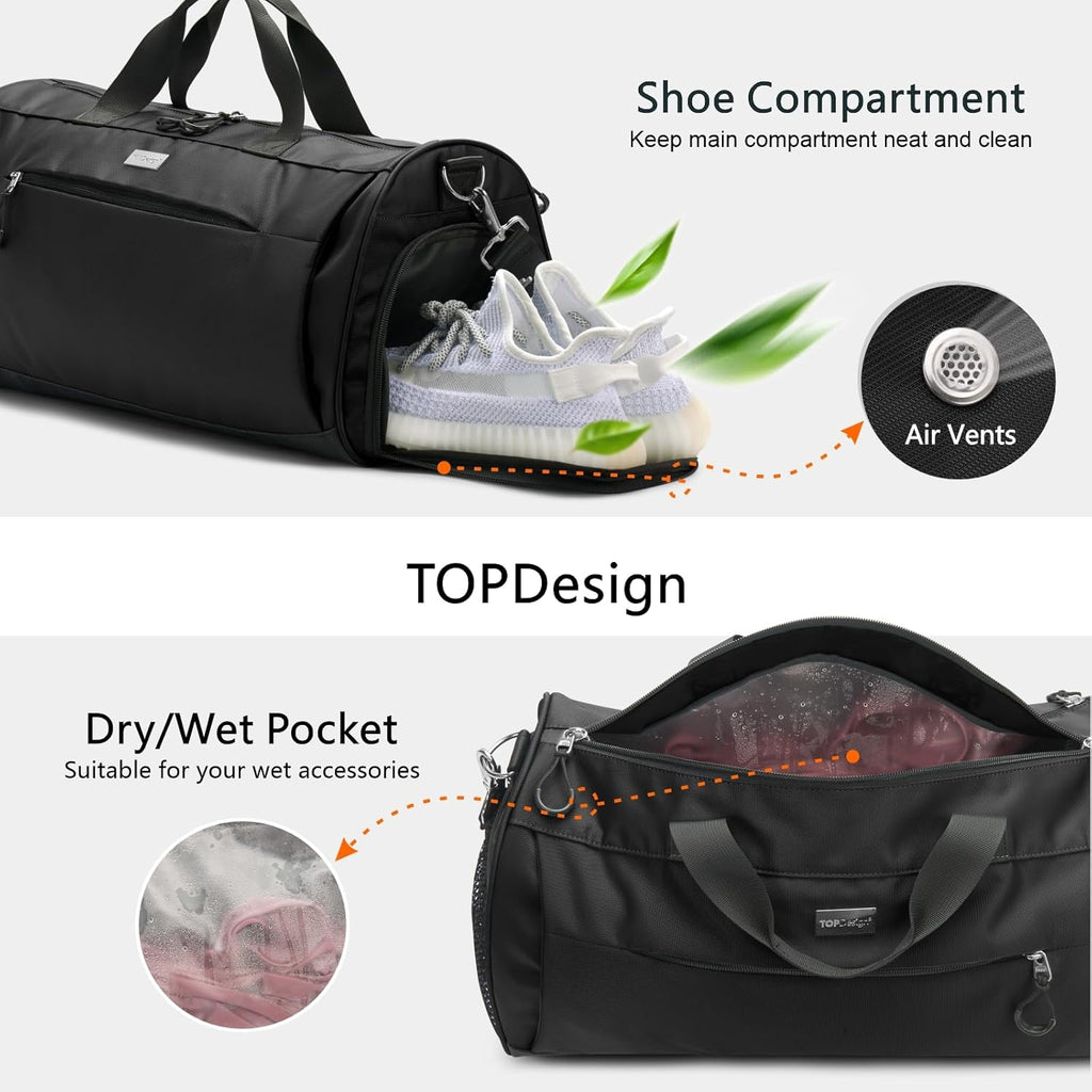 TOPDesign Gym Bag - Unisex Duffel with Shoe Compartment & Wet Pocket for Travel | Large Black