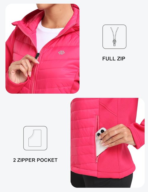 MoFiz Women's Lightweight Insulated Softshell Jacket - Fleece Lined, Hooded, Full Zip Running Coat