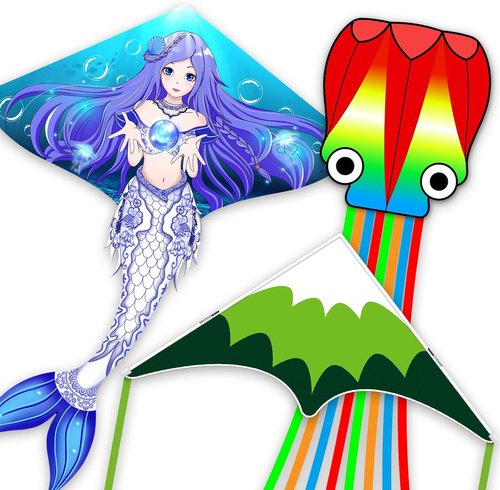 Forest Kites | Easy-to-Fly Beach Kites for Kids & Adults - Perfect Gift with 328ft String (Octopus & Celadon Mermaid)