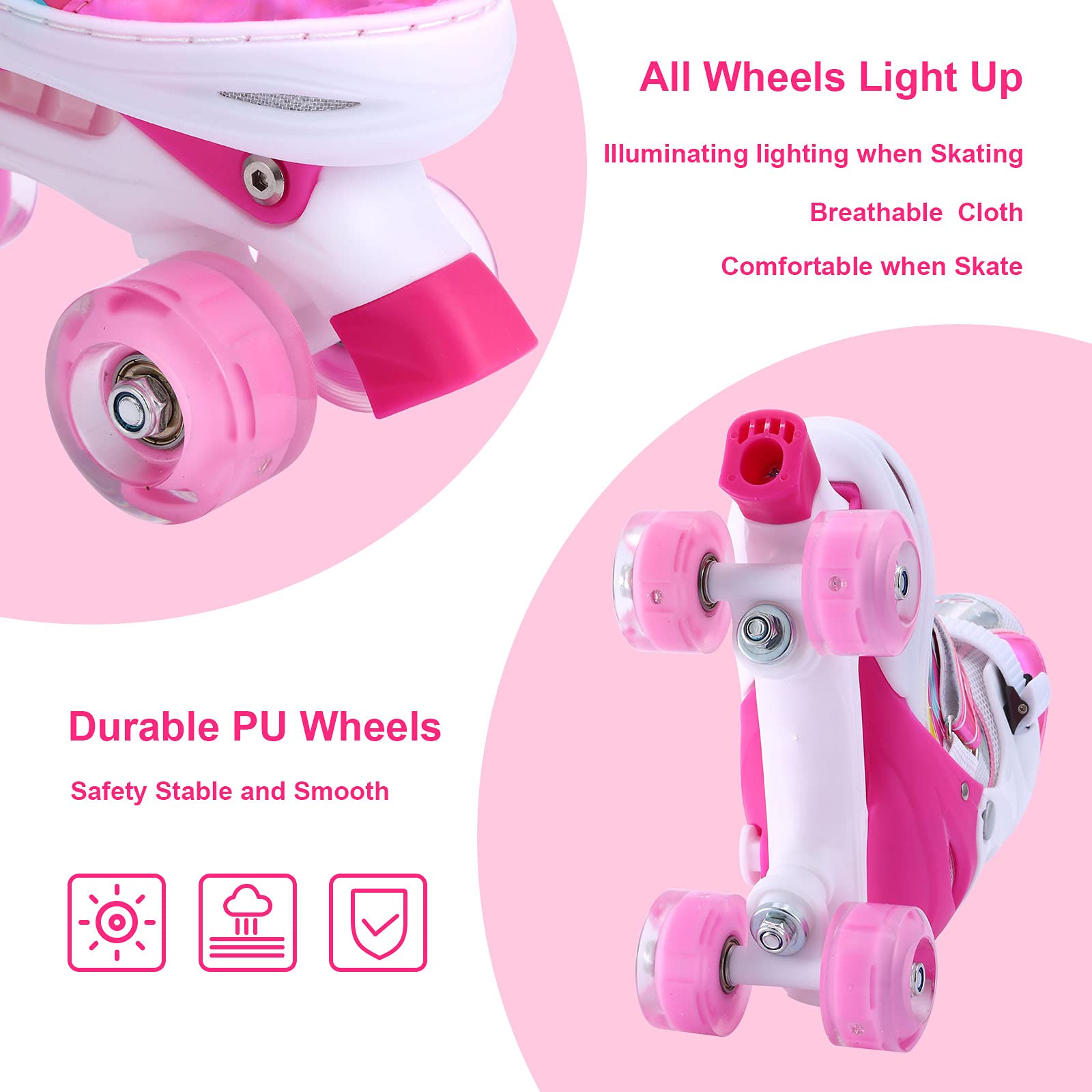Roller Skates for Kids Girls Boys Beginners, 4 Size Adjustable Size with Light Up Wheels for Children (Pink, Medium(2-5))