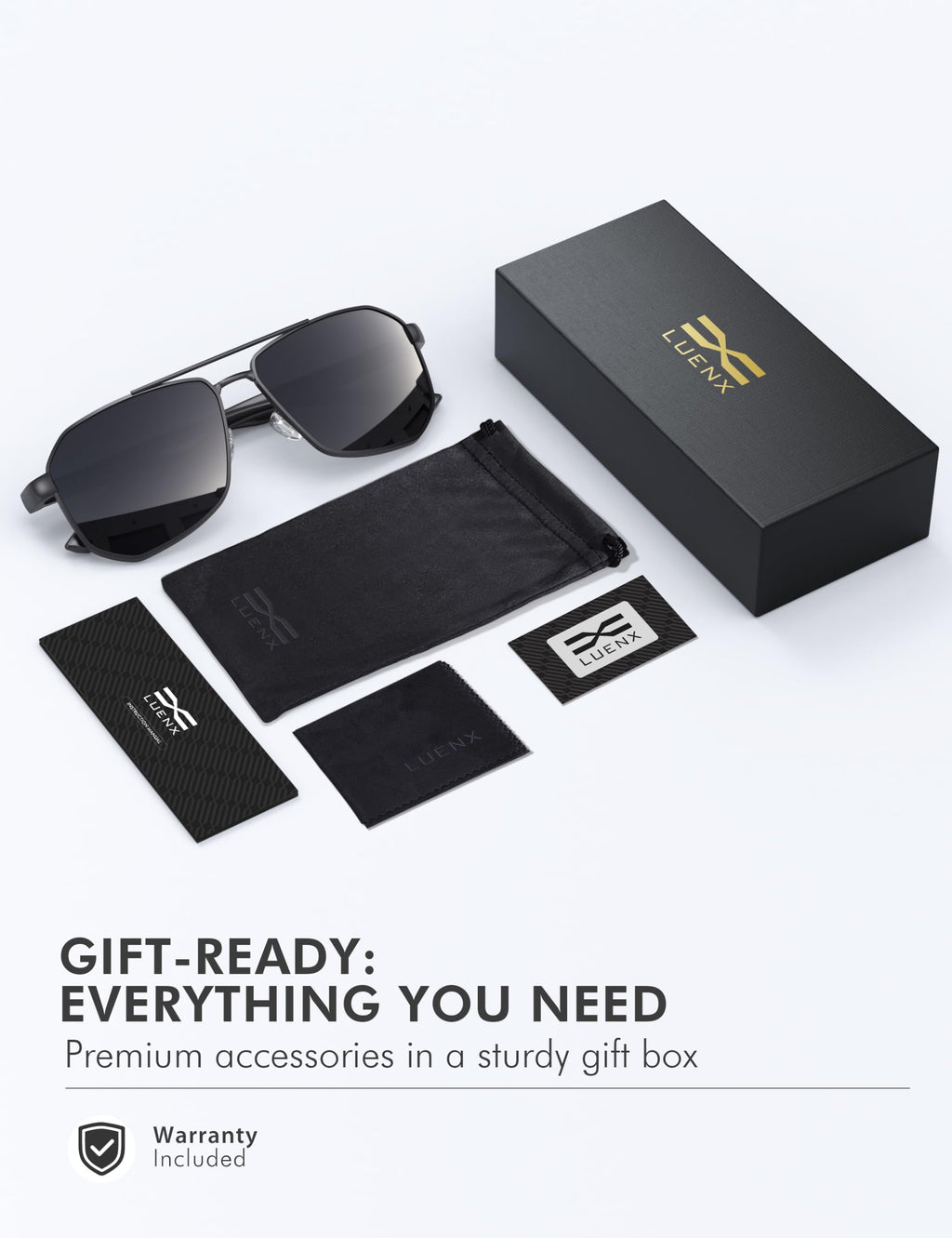LUENX Aviator Sunglasses for Men Square Polarized Polygon Lens - UV 400 Protection with Accessories Driving Outdoor