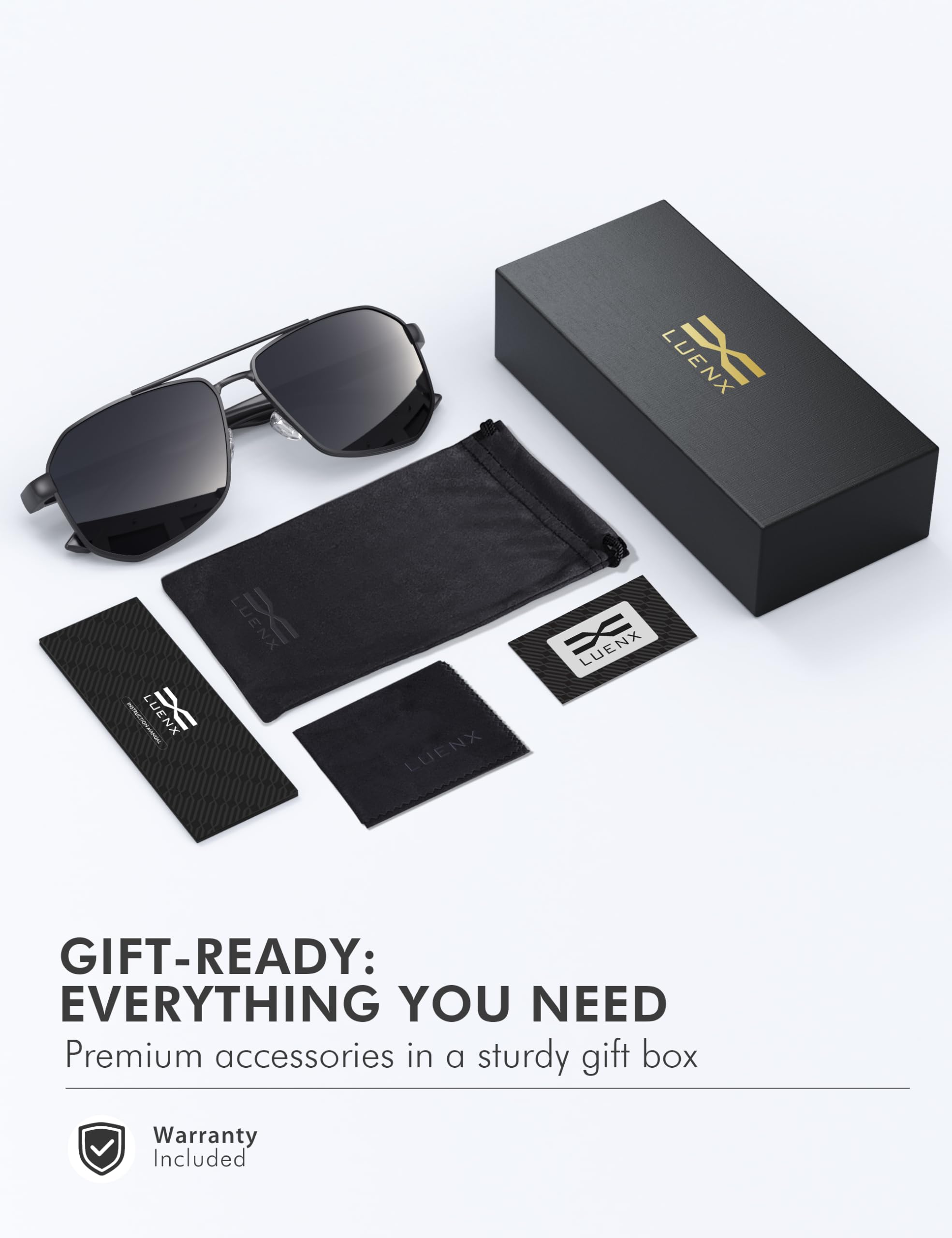 LUENX Aviator Sunglasses for Men Square Polarized Polygon Lens - UV 400 Protection with Accessories Driving Outdoor