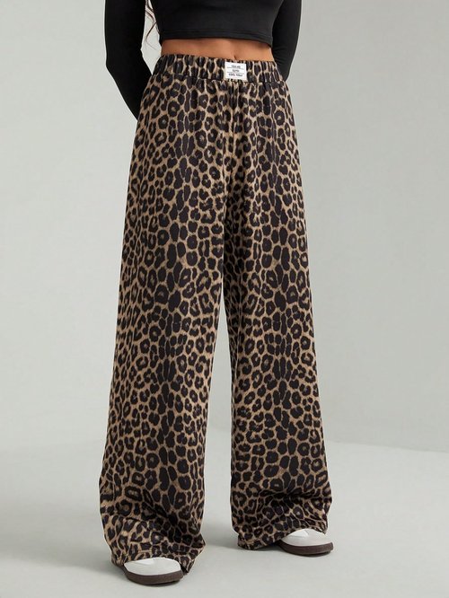 GORGLITTER Women's Leopard Pants Cheetah Print Wide Leg Elastic High Waisted Baggy Sweatpants Brown X-Large