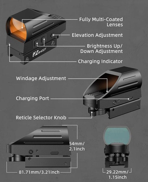 EZshoot Red/Green Dot Reflex Sight - Rechargeable Optic Scope with Multiple Reticles | 20mm Picatinny Rail Mount