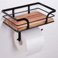 Rustic Farmhouse Toilet Paper Holder | Stylish Bathroom Organizer with Shelf - Warm Brown Wood & Black Metal