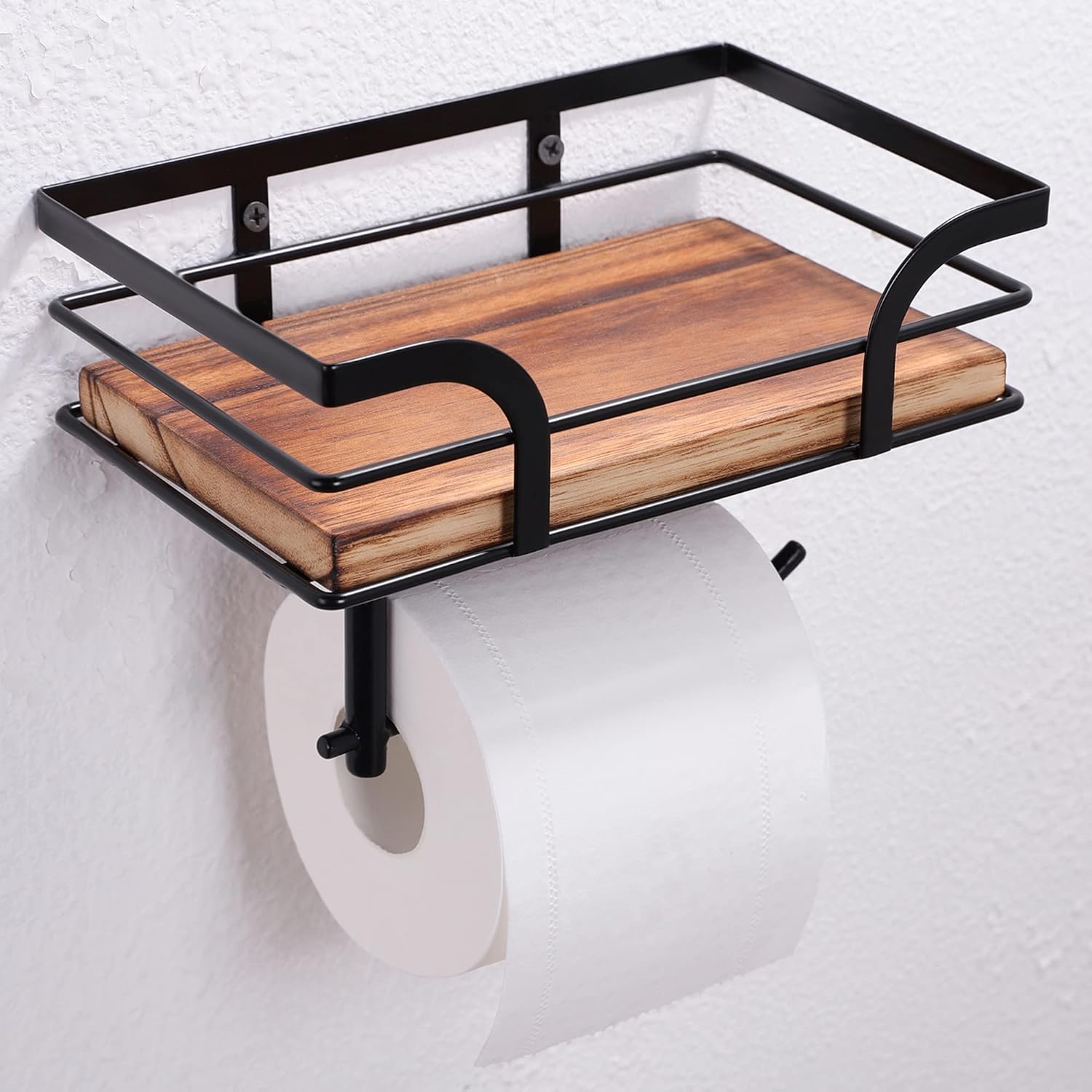 Rustic Farmhouse Toilet Paper Holder | Stylish Bathroom Organizer with Shelf - Warm Brown Wood & Black Metal