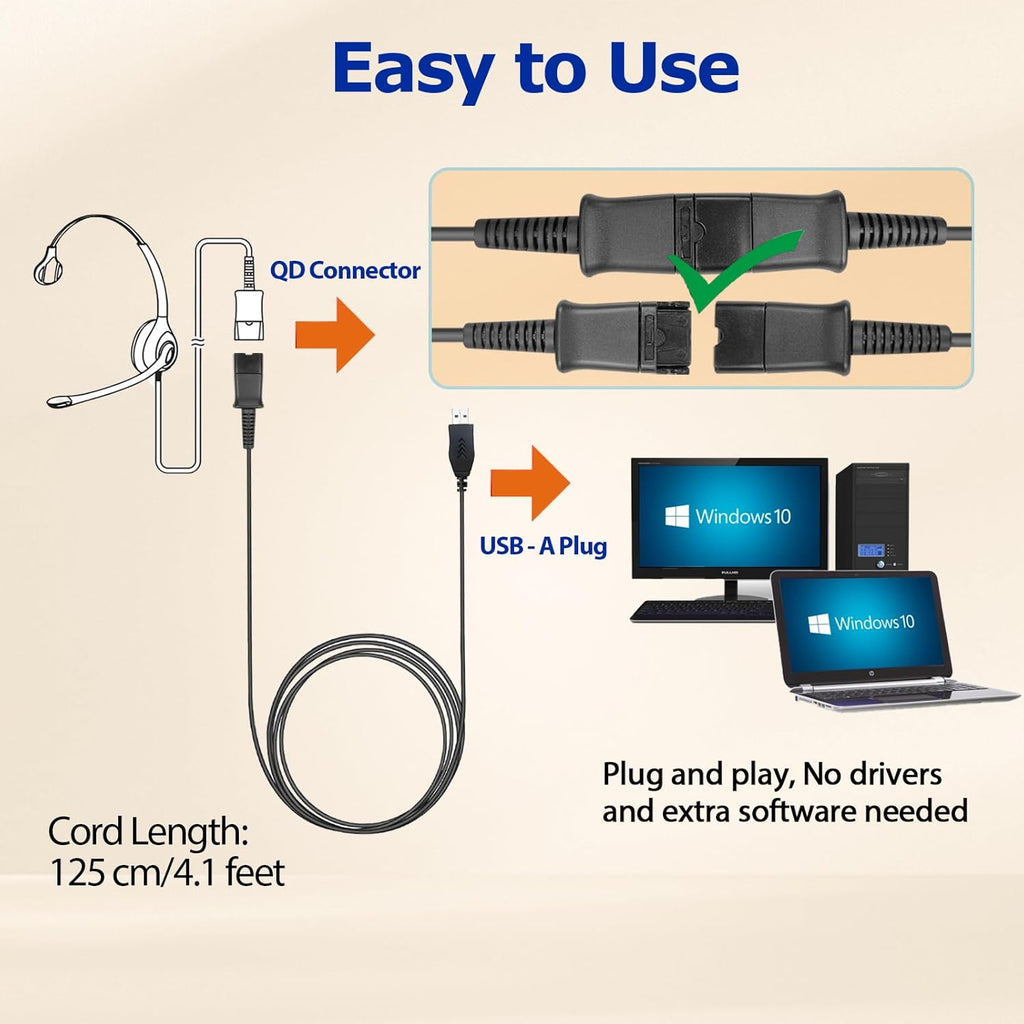 Plantronics QD to USB Adapter Cable - Connect Quick Disconnect Headset to USB Type A | Compatible with PC & Mac