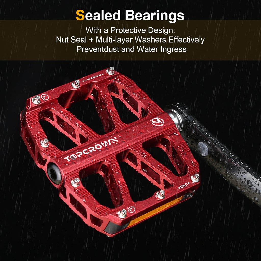 Topcrown Mountain Bike Pedals with Reflectors, Aluminum Metal Bicycle Flat Pedals 9/16" - 3 Sealed Bearings, Non-Slip Wide Platform with Removable Pins for MTB, Road Bike, BMX, Ebike (Red)
