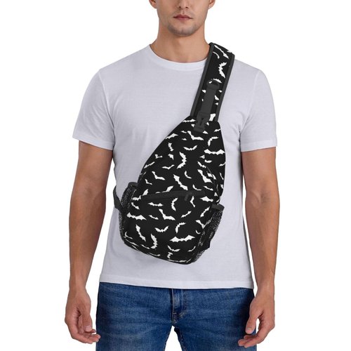 LOSTORCHI Bat Crossbody Sling Bags for Women Men White Flying Bats Silhouettes on Black Background Travel Sling Backpack Casual Chest Shoulder Bag Cool Nocturnal Creatures Animal Print Hiking Daypack