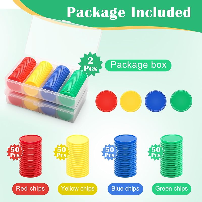 1.5" Plastic Learning Counters with Storage Box, 200 PCs 4 Colors (Green Red Blue Yellow) Educational Counting Chips
