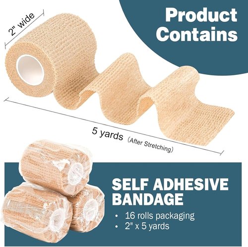 AZEN Self-Adhesive Bandage Wrap - 16 Pack, 2" X 5 Yards, Elastic Skin Color Athletic Tape