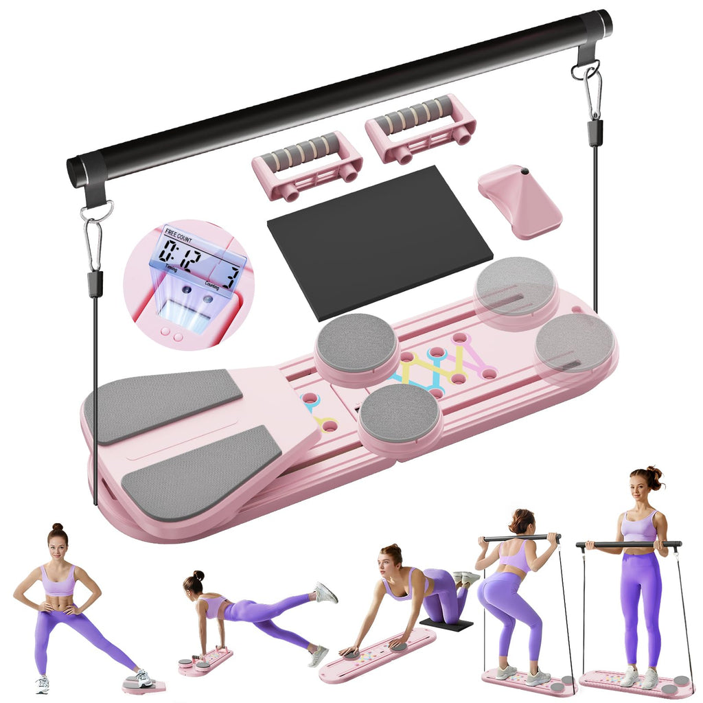 Pilates Board Multifunctional Foldable Pilate Reformer for Home Workout, Portable Abdominal Core Exercise Machine with Resistance Bands & Knee Pad, Pilates Equipment for Women & Men