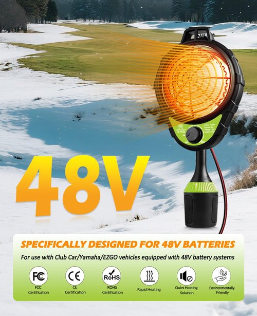 Rakiyada 48V Electric Golf Cart Heater, Upgraded Burn-Proof Grille & Infinite Temp Control & Carbon Fiber Heating, Battery Operated Heater for Club Car/Yamaha/EZGO Golf Cart Accessories