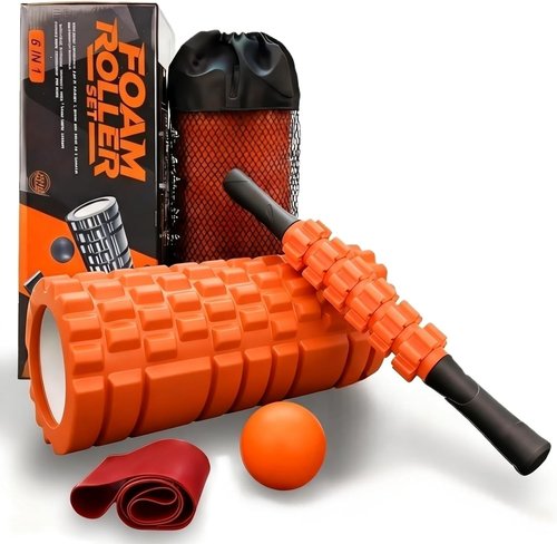 Aucuu Foam Roller Set - 5-in-1 Massage & Stretching Kit with Yoga Stick, Ball, Strap & Bag - Orange