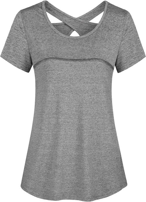Kimmery Yoga Shirt - Women's Short Sleeve Round Neck with Criss Cross Back Design - Stylish Comfort