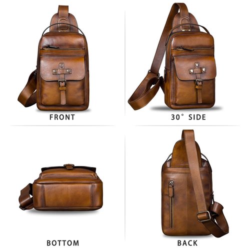 IVTG Genuine Leather Sling Bag Chest Shoulder Fanny Bag Hiking Backpack Vintage Handmade Crossbody Daypack (Brown)