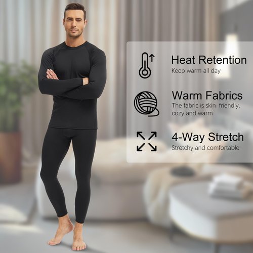 HovSiyla Men's Thermal Underwear Long Johns Fleece Lined Compression Pants Shirts Tops Athletic Base Layer Set Cold Weather Black Medium
