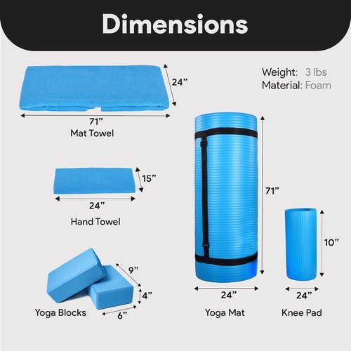 BalanceFrom 7-Piece Yoga Set - Extra Thick 71x24x0.5 Inches Mat with Carrying Sling | Includes 2 Blocks, Strap, Towels & Knee Pad