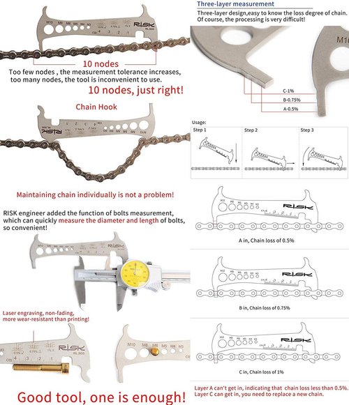 TuoTu Bicycle Chain Checker - 3 in 1 Bike Chain Wear Indicator Gauge Measuring Ruler Tool