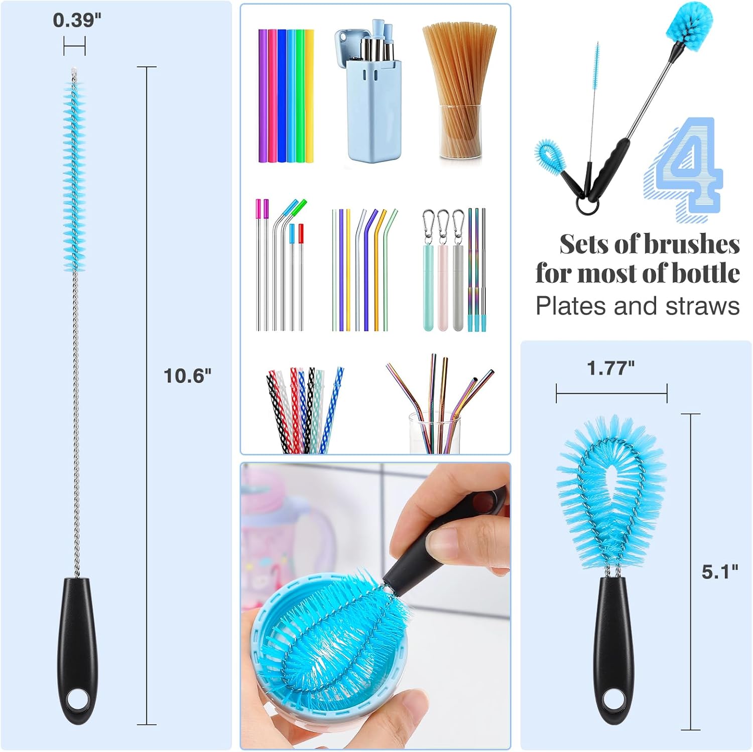Skiennix 3-in-1 Stainless Steel Cleaning Brush Set - Long Handle for Bottles, Mugs & Tumblers