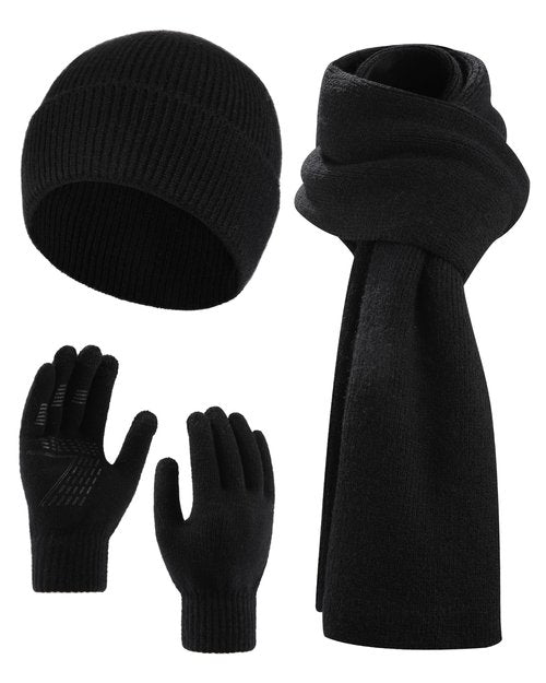 AWAYTR Women Winter Beanie Hat Scarf Gloves Set, 3Pcs Warm Knitted Hat Touchscreen Gloves Long Scarf for Cold Weather (Black)