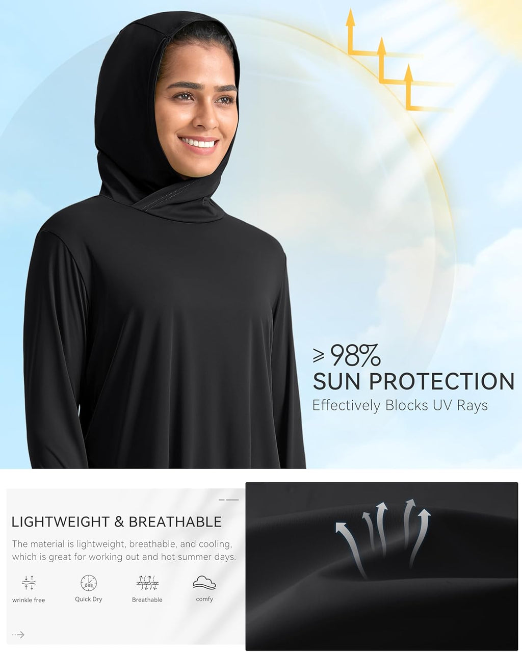 Pudolla Women's UPF 50+ Sun Protection Shirt - Lightweight Long Sleeve UV Hoodie for Outdoor Activities