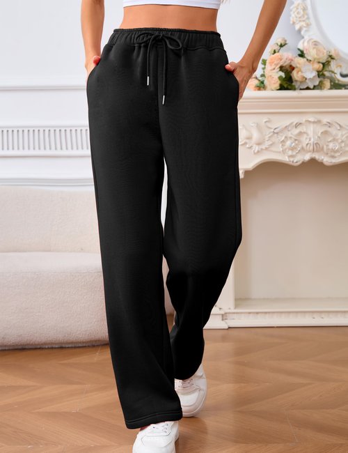Warmrole Womens Sweatpants Black Straight Leg 2026 Trendy Fall Fleece Lined Pants with Pockets for Casual, Lounging, Medium